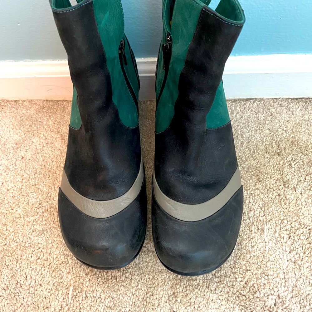 Teal, black and silver John Fluevog ankle boots, part of the Rosie family maybe?
